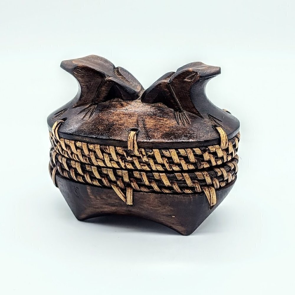 Indonesian Lombok Carved Frog Woven Rattan Wooden Oval Box